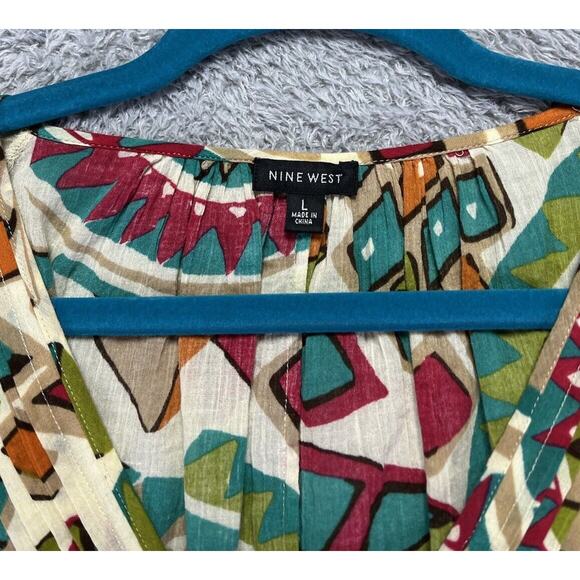 Nine West Short Sleeve Womens Top Large Beige Multicolor Geometric Career - Picture 3 of 10